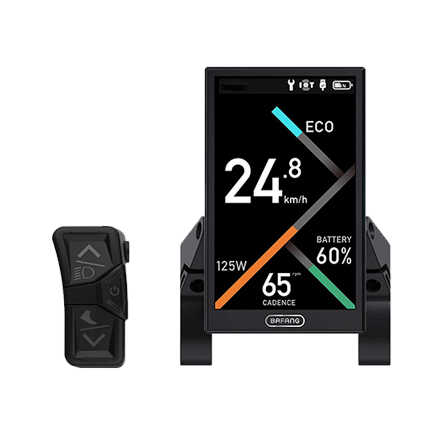Bafang DPC10 E-Bike-Display mit Bedieneinheit und Bluetooth-Verbindung – zeigt Geschwindigkeit, Reichweite, Unterstützungsstufen und Akkuanzeige.