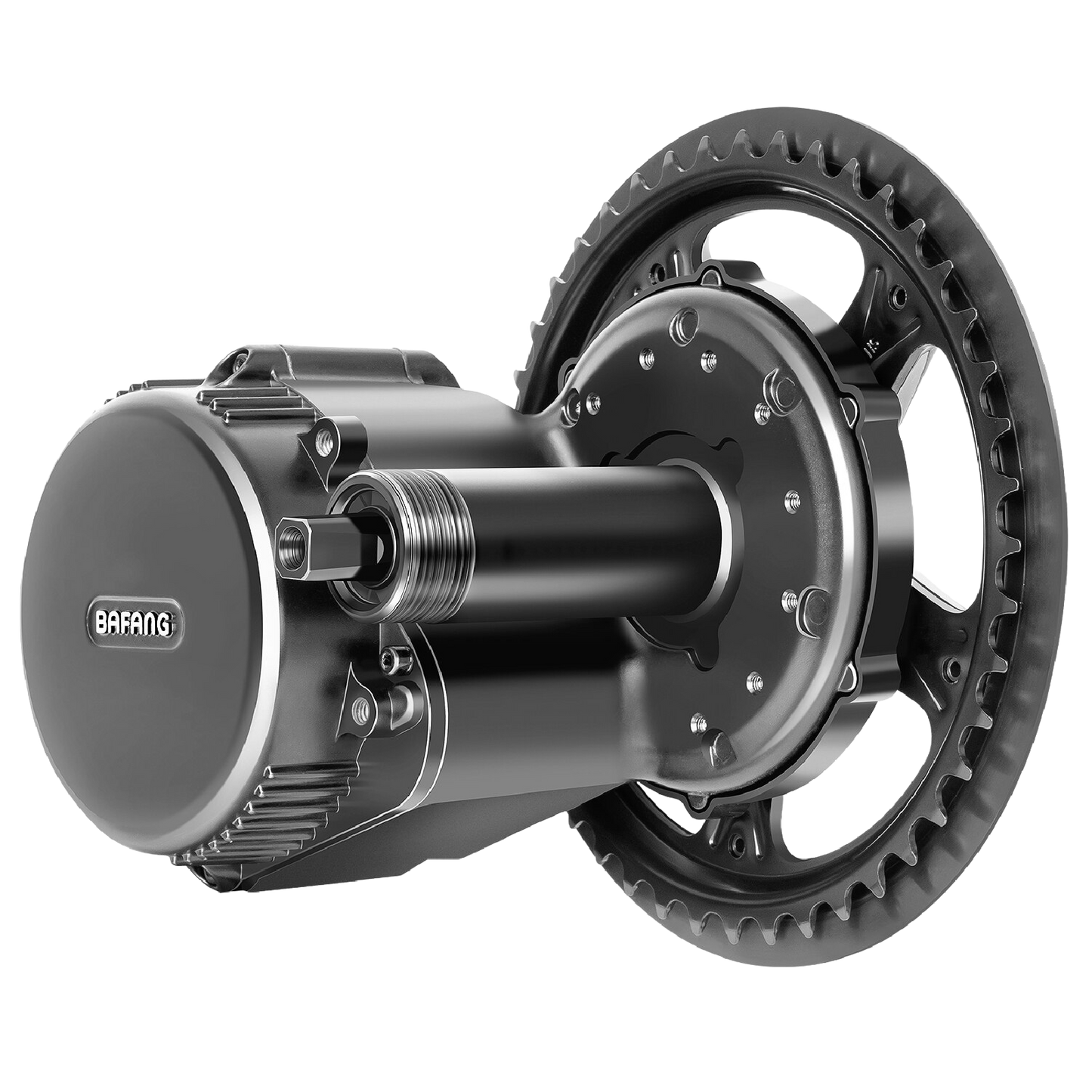 Bafang M215 Mittelmotor mit Kettenblatt und Kettenschutz im Detail – passend für BSA-Tretlager mit 68–73 mm Gehäusebreite.