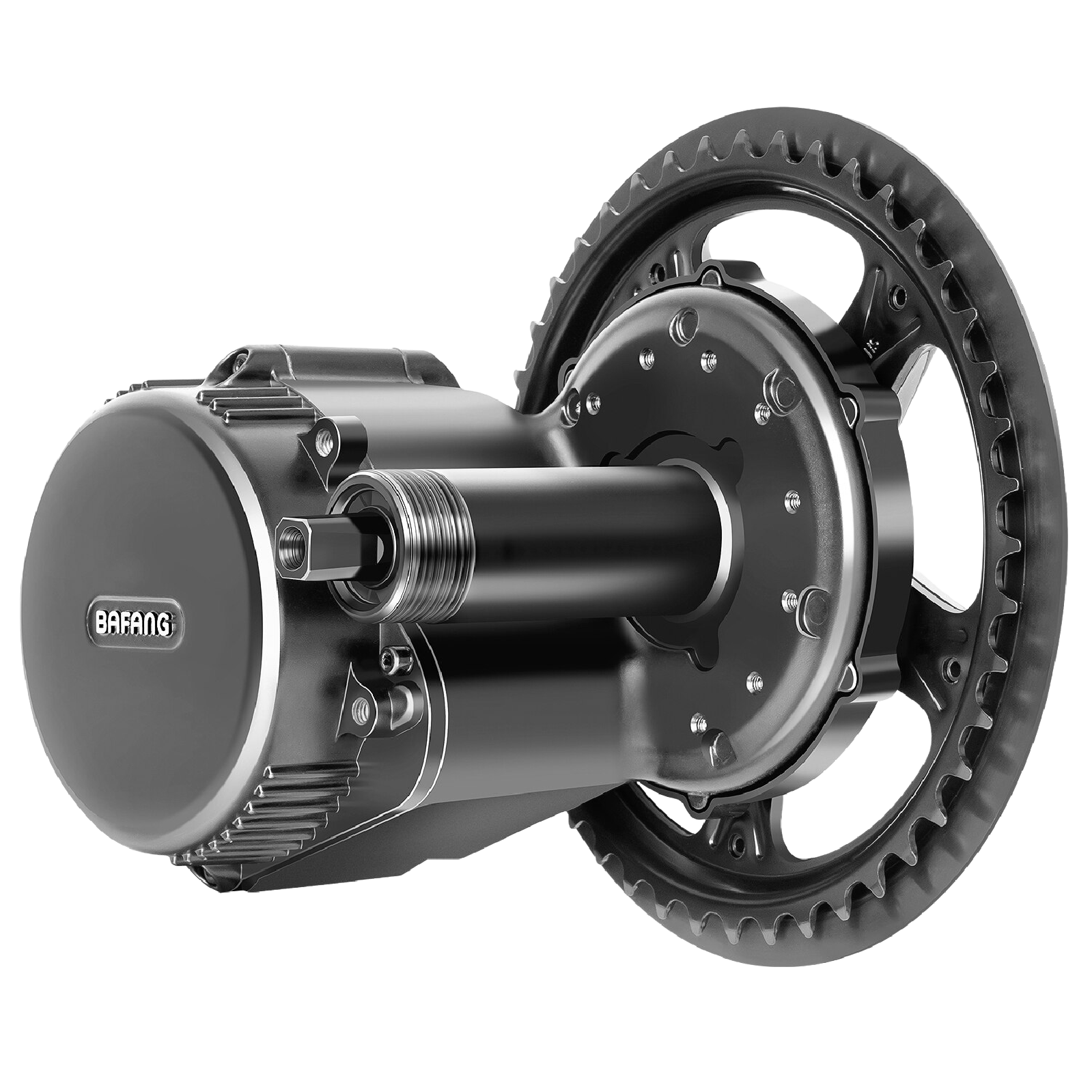 Bafang M215 Mittelmotor mit Kettenblatt und Kettenschutz im Detail – passend für BSA-Tretlager mit 68–73 mm Gehäusebreite.