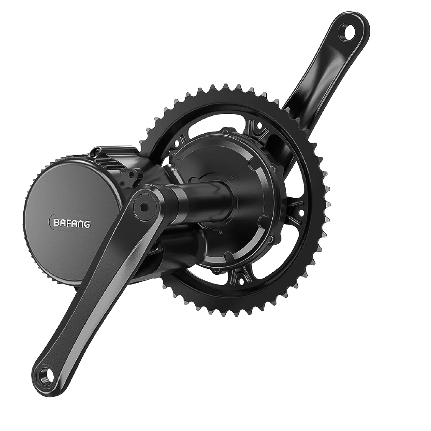 Bafang M215 Mittelmotor mit montiertem Kettenblatt und Kurbel – kompakter E-Bike Antrieb mit 250 W und 80 Nm Drehmoment.
