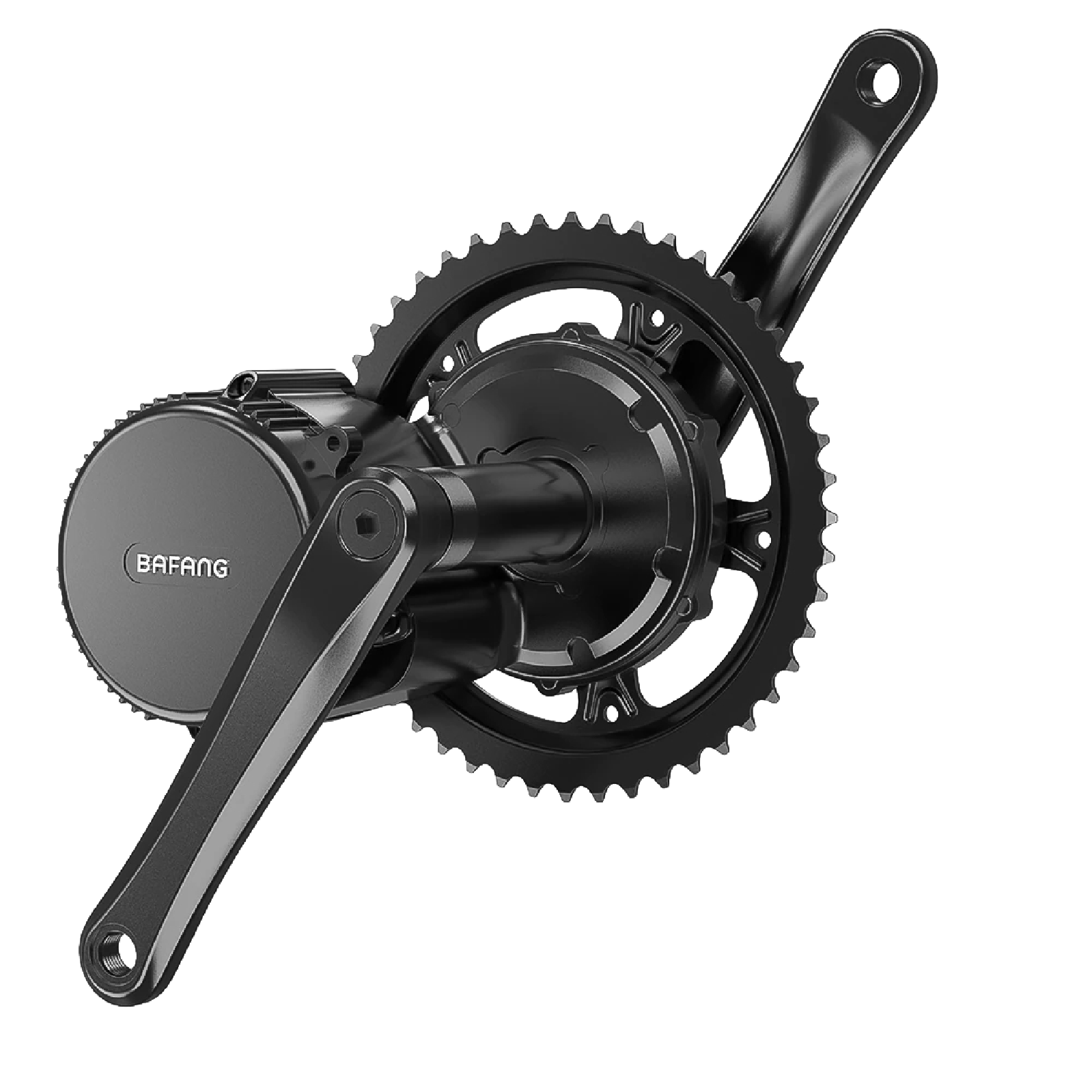 Bafang M215 Mittelmotor mit montiertem Kettenblatt und Kurbel – kompakter E-Bike Antrieb mit 250 W und 80 Nm Drehmoment.